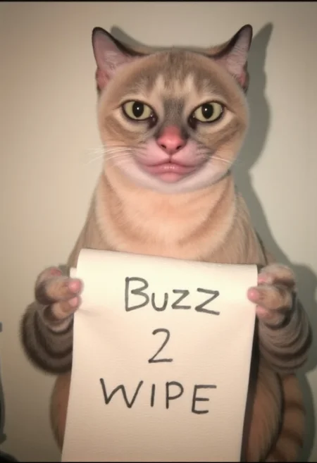 IMG_2222.JPG, Security camera.
one serious ART BRUT CAT holding a toilet paper with "BUZZ 2 WIPE" in black letters with its hands.
