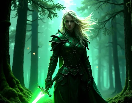 realistic female warrior, glowing green sword, dark enchanted forest, wind blowing leaves, intense gaze, highly detailed glowing armor, photorealistic fantasy setting,
Standing with the sword behind the back, both hands gripping the hilt, intense concentration,
Clusters of tall, straight pine trees with needles carpeting the ground, Moss-draped branches hanging low, Strong backlighting creates a dark outline of the subject against a bright background.Weathered, peeling textures, adding an aged, distressed look.