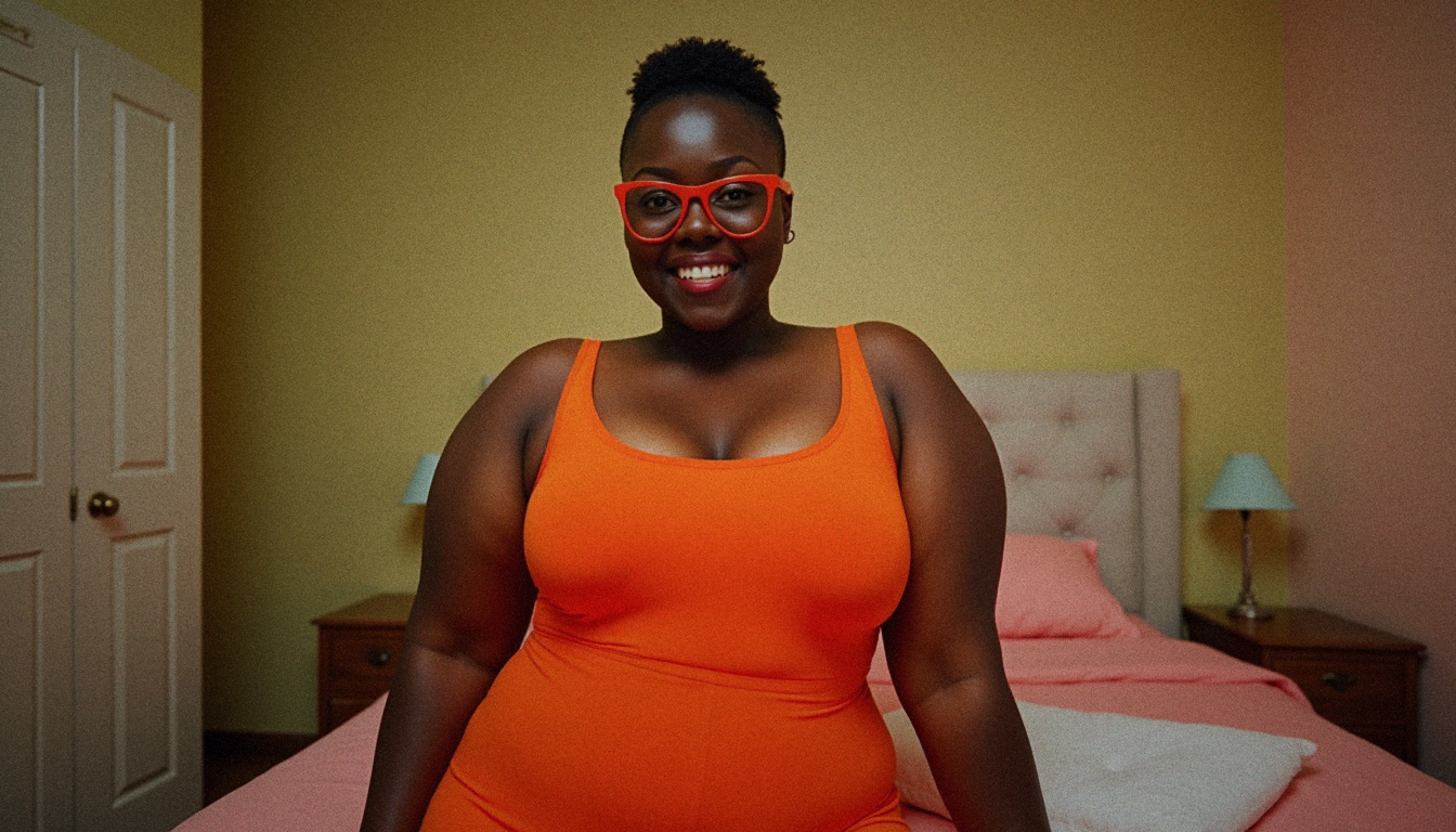 4k, RAW photo, best quality, masterpiece:1.2), ultra high res, (photo realistic:1.2), High detail RAW color photo, (realistic, photo realistic:1.4), ((best quality)), black asian woman ((mature 29 year old woman)). 1girl,  plump curvy body, perfect cute face, thick thighs, orange-framed eyewear, glasses, short brown hair, teeth, uncensored, army green eyes eyes, smile, looking at viewer, body facing viewer, bedroom background, wearing a orange:1.2 skin tight jumpsuit