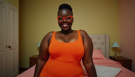 4k, RAW photo, best quality, masterpiece:1.2), ultra high res, (photo realistic:1.2), High detail RAW color photo, (realistic, photo realistic:1.4), ((best quality)), black asian woman ((mature 29 year old woman)). 1girl, plump curvy body, perfect cute face, thick thighs, orange-framed eyewear, glasses, short brown hair, teeth, uncensored, army green eyes eyes, smile, looking at viewer, body facing viewer, bedroom background, wearing a orange:1.2 skin tight jumpsuit