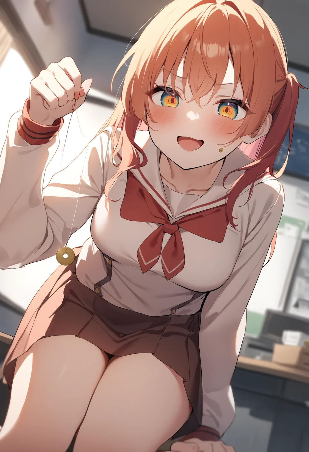 1girl,sincos, ningen mame, toosaka asagi,solo,medium breasts,school uniform,
hypnosis, mind control,looking at viewer,  hand up, coin on string, <lora:hypnosis_XL_v1:0.7>
fisheye lens, orange hair, golden eyes,archaic smile, science room, open mouth, side hair,
best quality, very aesthetic, absurdres