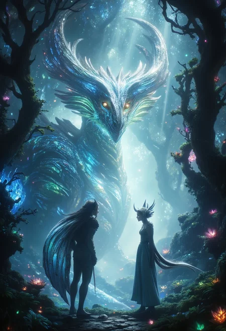 A female Midjourney_Whisper elf stands in a mystical, fog-filled forest, surrounded by glowing plants and oddly twisted trees. Her sharp, aidmaMJ6.1 elven features are focused as she locks eyes with a towering, crystalz dragon standing directly in front of her. The dragon’s skin gleams with gemstone-like textures, shimmering in radiant crystalline hues. The forest is thick with mist, pierced by volumetric light beams, or 'godrays,' creating a magical atmosphere. Realistic shadows are cast through the dense undergrowth and mist, while the glowing plants bathe the scene in an eerie, enchanted glow. The entire environment feels both enchanted and alive, with a surreal and dreamlike atmosphere.
