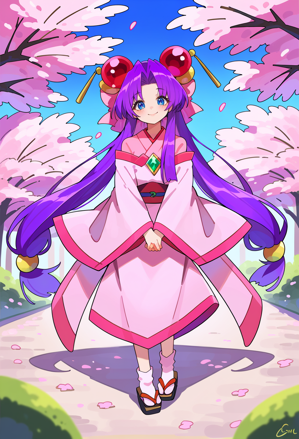 score_9, score_7_up, source_anime, BREAK  <lora:AECherry-000009:0.9> AECherry, blue eyes, purple hair, very long hair, low-tied long hair, hair bow, hair ornament, huge bow, pink bow, gem, japanese clothes, kimono, long sleeves, wide sleeves, pink dress, pink kimono, wide sleeves, off-shoulder dress,
smile, full body, cherry blossoms, v arms, head tilt,
