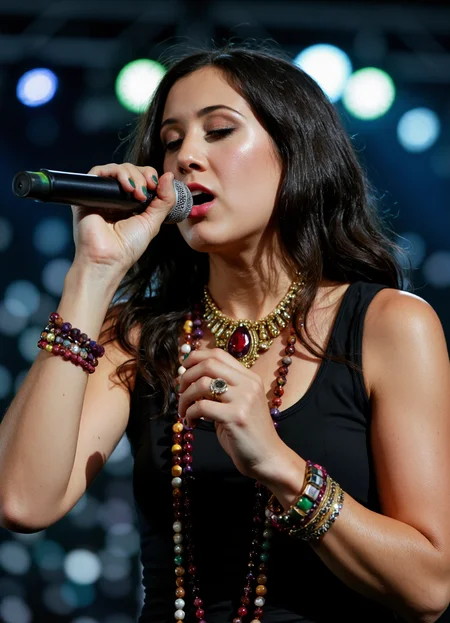 SFW, brightly lit, The image shows a woman singing into a microphone on a stage. She is wearing a black sleeveless top and a statement necklace. Her e hair is styled in loose waves and she is wearing multiple bracelets on her wrists. The background is blurred, but it appears to be a concert or performance with colorful lights. The woman is holding the microphone with both hands and her eyes are closed as she sings., aidmaimageupgrader<lora:flux\custom\celebrity\vanessa-carlton.safetensors:1.05:1.05> <lora:flux\turbo-8-step-flux.safetensors:0.5:0.5> <lora:flux\style\Common\aidmaImageUprader-FLUX-v0.3.safetensors:0.25:0.25>