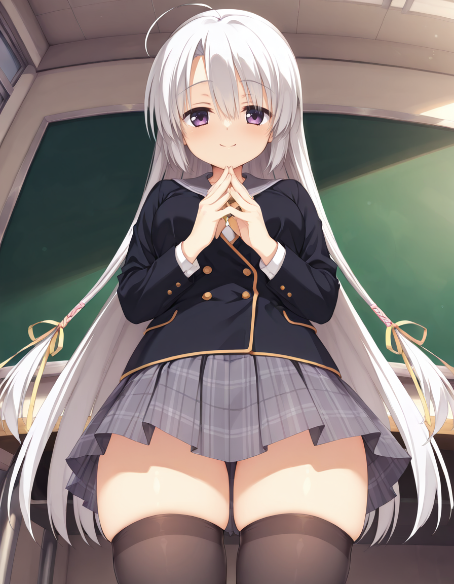 Ayachi Nene V2 (school uniform),purple eyes,white hair,very long hair,ahoge,school uniform,serafuku,black jacket,plaid skirt,black thighhighs,(grabbing breasts:-1),classroom,day,front view,straight-on,frontal face,front face,front angle shot,shoot from front,Facing directly forward, looking straight into the camera,
smile,
looking at viewer,
medium breasts,
hair between eyes,curvy,slim,thick thighs,detailed body, skindentation,matte skin,smooth skin,soft brightness,perfect hands,perfect fingers,five fingers,detailed hands,detailed mouth,kawaii,moe face,16k,(masterpiece,best quality,amazing quality),detailed linework,
(from below:1.5),
 <lora:ãµããã¦ã£ããç¶¾å°å¯§ãillustriousV2SANOBA_WITCHAyachi_NeneillustriousV2:1:0.8>