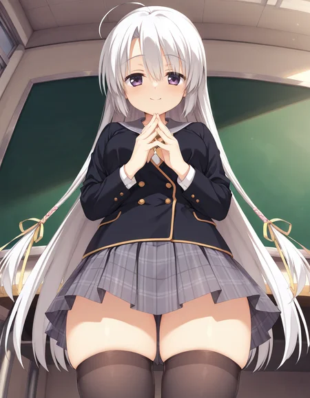 Ayachi Nene V2 (school uniform),purple eyes,white hair,very long hair,ahoge,school uniform,serafuku,black jacket,plaid skirt,black thighhighs,(grabbing breasts:-1),classroom,day,front view,straight-on,frontal face,front face,front angle shot,shoot from front,Facing directly forward, looking straight into the camera,
smile,
looking at viewer,
medium breasts,
hair between eyes,curvy,slim,thick thighs,detailed body, skindentation,matte skin,smooth skin,soft brightness,perfect hands,perfect fingers,five fingers,detailed hands,detailed mouth,kawaii,moe face,16k,(masterpiece,best quality,amazing quality),detailed linework,
(from below:1.5),
<lora:ãµããã¦ã£ããç¶¾å°å¯§ã
illustriousV2SANOBA_WITCHAyachi_NeneillustriousV2:1:0.8>