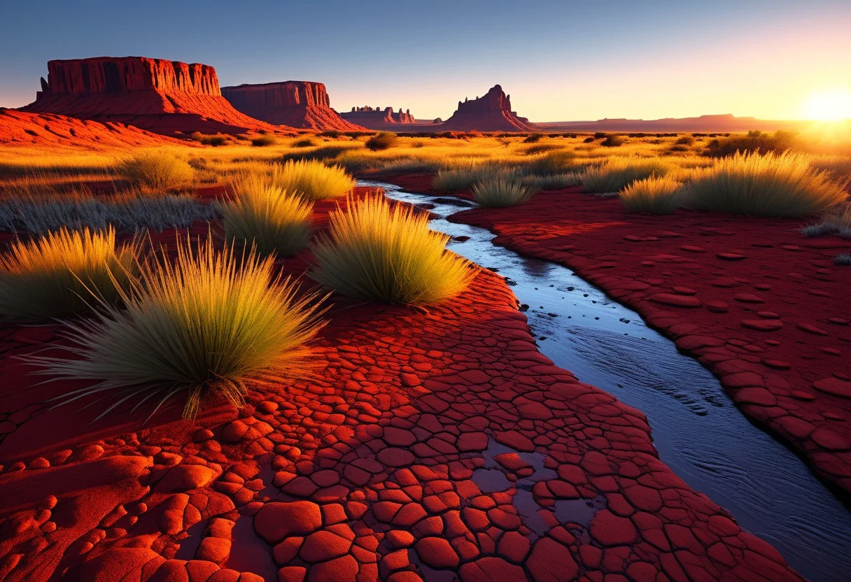 small rivers of chrome and silver scattered on the red dusty and rocky ground, long grass catching the sun light, in Navajo tribal land by sunrise, sacred navajo site, the sun rising just over the horizon, dryied plants, drought, hyper realistic, dreamland, etheral land, photorealism, 4k, photorealistic, deep tones,