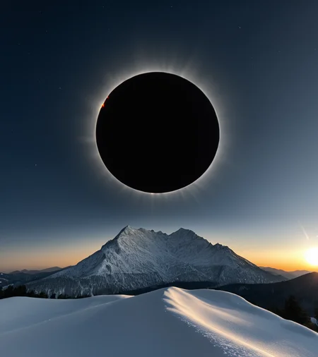 <lora:3cl1p53_02PN-000010:0.8>,(3cl1p53 style),a photograph of (3cl1p53 eclipse:1.2) (rising high in the sky above),a (snow covered mountain range:1.4) at night,surrounded by bright solar corona,