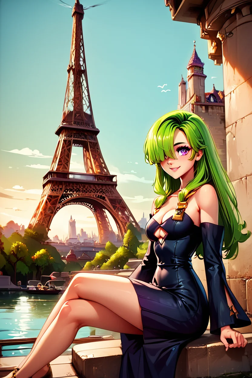 score_9, score_8_up, score_8, medium breasts, (curvy), cute, eyelashes, ,,, , ,,, zzDoll, purple eyes, green hair, long hair, hair over one eye, bare shoulders, cleavage, detached sleeves, black dress, clothing cutout, <lora:DollTenchi_PDXL:1>,,,, BREAK, zzEiffelTower in background, sitting, watercraft, boat, sitting on wall, side view, looking at viewer, smile, ,,, BREAK, blooming stars, luminescent petals, otherworldly fragrance blurry background, ,,, embedding:zPDXL, Expressiveh, ,,, <lora:EiffelTowerPDXL:1.0>, <lora:CatalystStylePDXL:0.6>, <lora:SDXLFaeTastic2400:0.5>, <lora:Expressive_H-000001:0.4>,