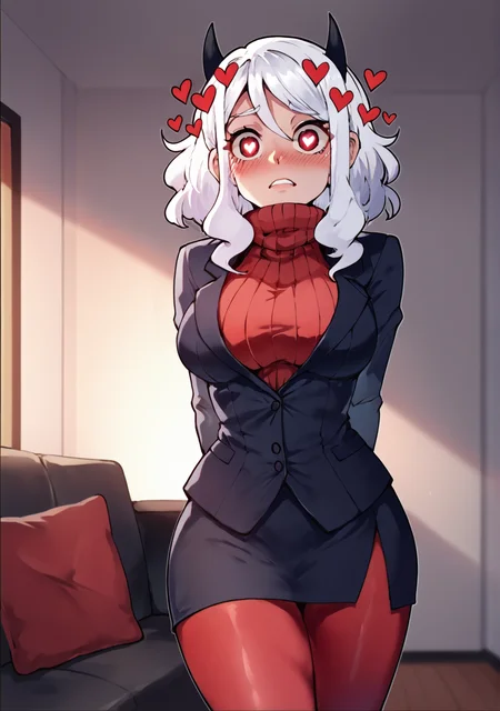 score_8_up, score_7_up, score_6_up, score_5_up, score_4_up, anime screenshot, uncensored,
 <lora:Modeus (Autism SDXL)-000009:0.8> 1girl, solo, modeus (helltaker), heart-shaped pupils, heart, horns, red eyes, white hair, sidelocks, (jacket:1.2), red sweater, skirt, red pantyhose, 
apartment, living room, tv, on couch, arms behind back, 
<lora:Nyantcha (Autism Mix XL):1> nyantcha