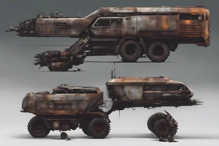 Metal texture, rusty, dirty, RPG game, sci-fi, cyberpunk, mega building, vehicle design, postapocalyptic, dystopian, futuristic, character sheet, Cyberpunk 2077, highres, super detailed, 2k, 4k, 8k, 16k, game asset, transparent background, frontal view, side view