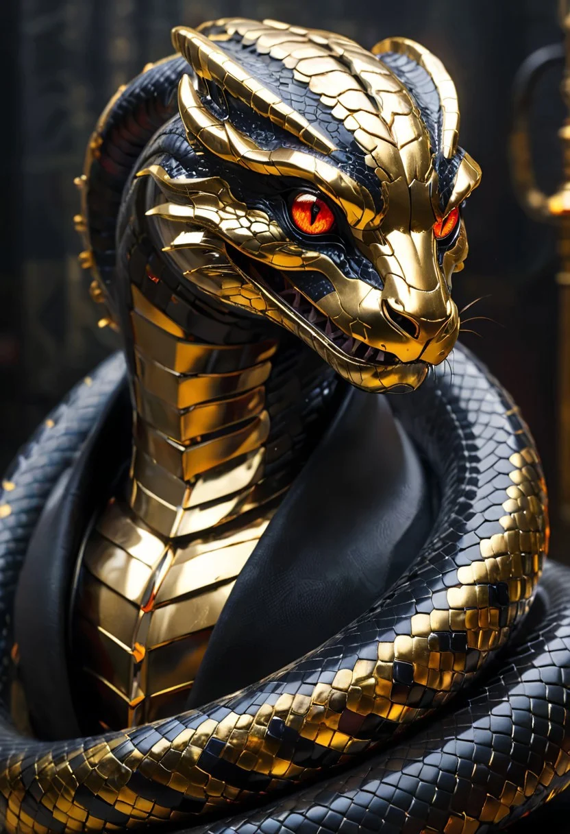 An insanely Detailed Divine Snake, Golden and silver in color, cyberpunk, Diamond and Onyx eyes, a crimson tinge to the golden color, Hyperdetailed, Omnipresent, Beautiful, Sinister overtones, a clash of Good and Evil in the background promoting Golden silver and Crimson Blacks, otherworldly,