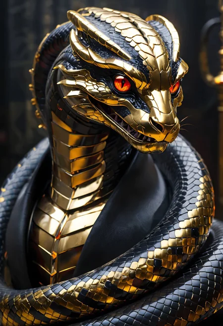 An insanely Detailed Divine Snake, Golden and silver in color, cyberpunk, Diamond and Onyx eyes, a crimson tinge to the golden color, Hyperdetailed, Omnipresent, Beautiful, Sinister overtones, a clash of Good and Evil in the background promoting Golden silver and Crimson Blacks, otherworldly,