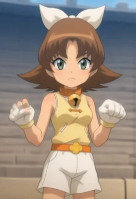 source_anime, anime screencap, source_anime, auratheguillotine, anime screencap, masterpiece, source_anime, shiny skin,,,,,,,,, bare shoulders,,, motti, brown hair, green eyes, nekoguchi, bell collar, orange collar, bangs, hair ribbon, white ribbon, medium hair, yellow tank top, tank top, exposed arms, sleeveless,, white shorts, orange belt, white boots, white gloves, one paw glove, one fingerless glove,