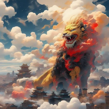 an image of a black and yellow, red dance lion ,colorful cloud around the lion, on the mountain, trees, buildings, SF_Carton style,carton, four legs<lora:0208_sprint_festival-checkpoint-8000:1>