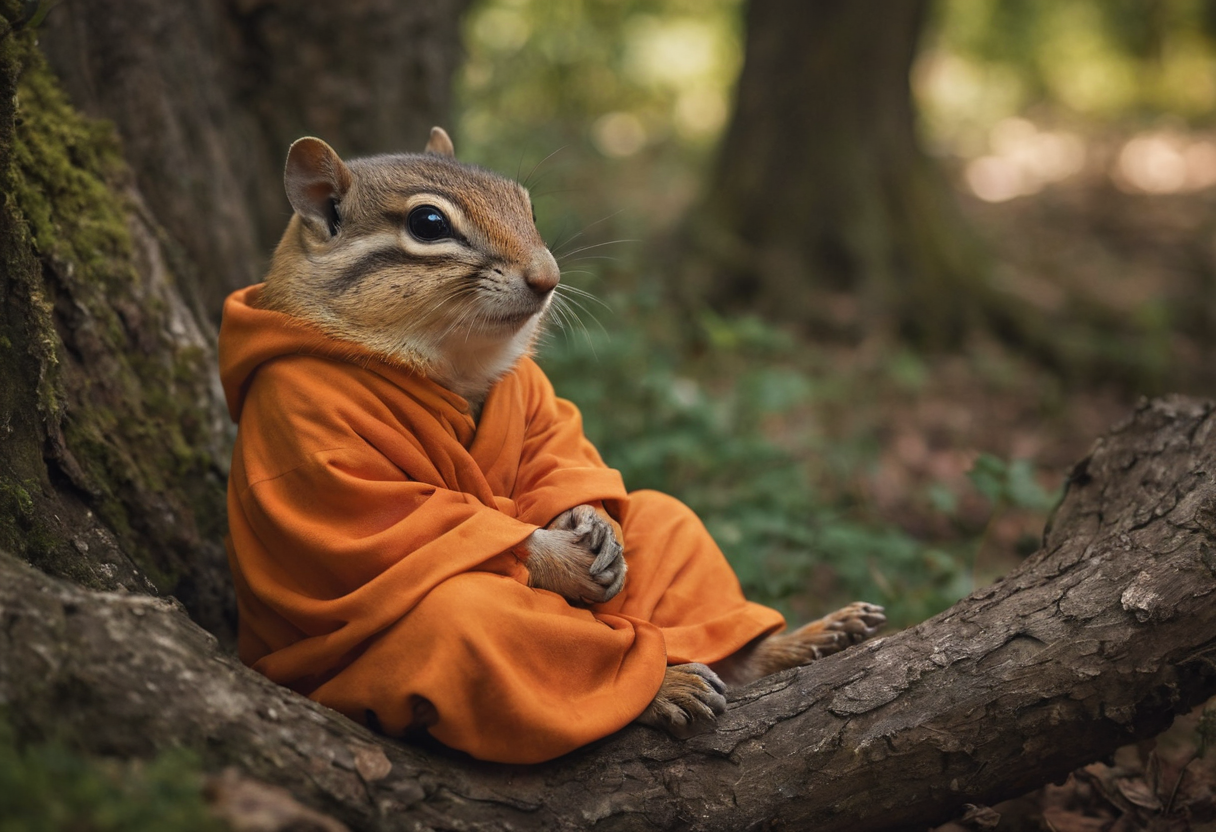 A serene portrait photograph of a chipmunk (monk in orange robe:1.2), embodying tranquility and wisdom amidst nature, reminiscent of the peaceful compositions by photographer Konsta Punkka. Serene gaze, folded paws, humble robes, tranquil demeanor, serene expression, peaceful woodland setting, dappled sunlight, natural textures, gentle demeanor, contemplative atmosphere, spiritual presence, harmonious balance, minimalist composition, quiet introspection, connection with nature, timeless simplicity.