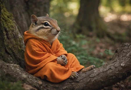 A serene portrait photograph of a chipmunk (monk in orange robe:1.2), embodying tranquility and wisdom amidst nature, reminiscent of the peaceful compositions by photographer Konsta Punkka. Serene gaze, folded paws, humble robes, tranquil demeanor, serene expression, peaceful woodland setting, dappled sunlight, natural textures, gentle demeanor, contemplative atmosphere, spiritual presence, harmonious balance, minimalist composition, quiet introspection, connection with nature, timeless simplicity.