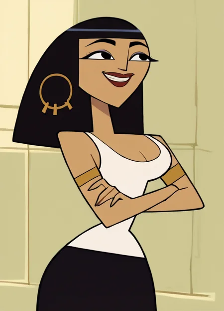 <lora:CleoCHPony1.0:1> cleo, 1girl, solo, hoop earrings, cleavage, long hair, white tank top, black eyes, black skirt, lipstick, smile, armlet, bangs, score_9, score_8_up, score_7_up, score_6_up, score_5_up, score_4_up, cowboy shot,