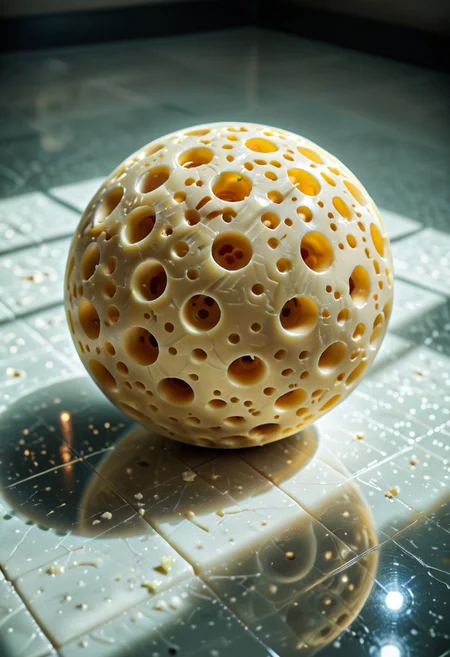 lazypos, Cheese style, red, green, sphere made of cheese, reflective white floor,