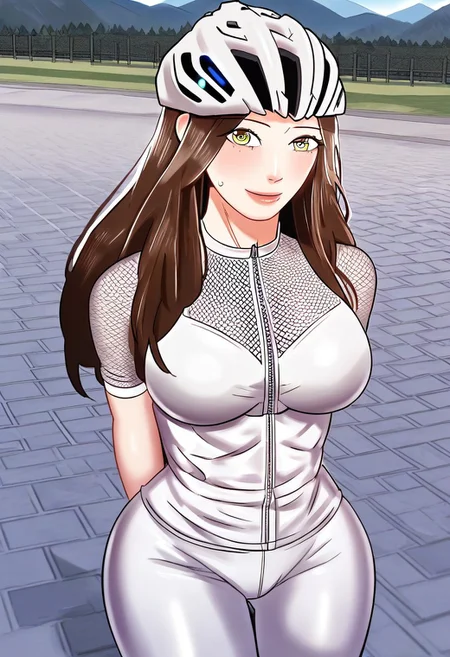 score_9, score_8_up, score_7_up, ASCII masterpiece, source_anime, BREAK, 1girl, solo, (( <lora:park_hyun-yi:1> , park_hyun-yi , normal waist, wide hips, beautiful skin, beautiful yellow eyes, clear eyes, bright pupils, beautiful eyes, beautiful brown hair, beautiful long hair, huge and shaggy breasts, natural beauty, extraordinary beautiful woman, attractive woman, super sexy woman, lustful body, sexy woman with seductive obscene body, sensual body, voluptuous body, sexy beauty, no piercings, no piercing, )) , makeup, ((sexy short-sleeves white cycling top with sheer fishnet parts, white cycling trousers, white cycling helmet, )) , shiny clothes, shiny skin, cowboy shot, from above, looking at viewer, hands behind back, (detailed face, detailed eyes), delicate features, seducative smile, cute and sexy, very detailed, high detailed texture, uncensored, rare view, outside, mountain, front view, closing up, leans forward, standing