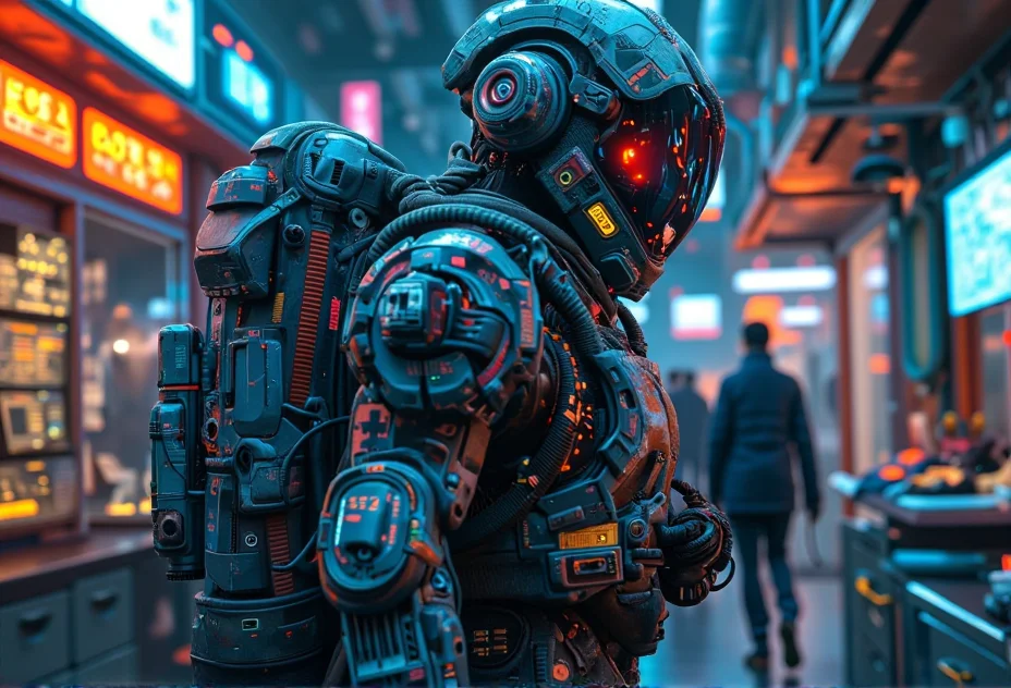 A realistic, armored character with a high-tech backpack walking through a bustling market at night}. The setting is indoors in a high-security lab filled with organized tech equipment, bright and dry lighting. Lighting is vibrant and dry, cold lighting to create a realistic, high-tech environment. Surfaces are matte metal, carbon fiber, and industrial textures with no gloss or moisture. Screens and displays show sharp readouts with complex code or futuristic maps in dry neon tones. The characters have intricate, realistic tech gear and focused expressions, avoiding excessive shine. Each character interacts with their environment in a dynamic position as they work with their realistic devices, immersed in their high-tech setup. Background details are precise and intricate, showing well-organized, realistic tech elements and panels free of glistening reflections.<lora:bv-cybstyenh-v1.safetensors:1.0:1.0>