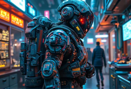 A realistic, armored character with a high-tech backpack walking through a bustling market at night}. The setting is indoors in a high-security lab filled with organized tech equipment, bright and dry lighting. Lighting is vibrant and dry, cold lighting to create a realistic, high-tech environment. Surfaces are matte metal, carbon fiber, and industrial textures with no gloss or moisture. Screens and displays show sharp readouts with complex code or futuristic maps in dry neon tones. The characters have intricate, realistic tech gear and focused expressions, avoiding excessive shine. Each character interacts with their environment in a dynamic position as they work with their realistic devices, immersed in their high-tech setup. Background details are precise and intricate, showing well-organized, realistic tech elements and panels free of glistening reflections.<lora:bv-cybstyenh-v1.safetensors:1.0:1.0>