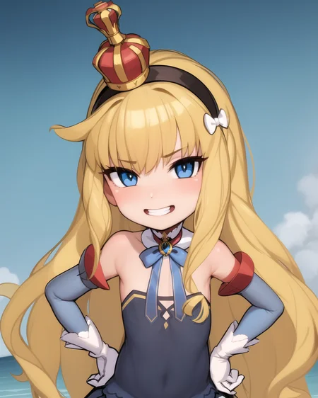 eqlc, 1girl, long hair, solo, strapless dress, blonde hair, crown, blue eyes, hairband, looking at viewer, white gloves, small breasts, flat chest, bow, black hairband, detached sleeves, bangs, mini crown, detached collar, smile, hands on hips, ocean, ship