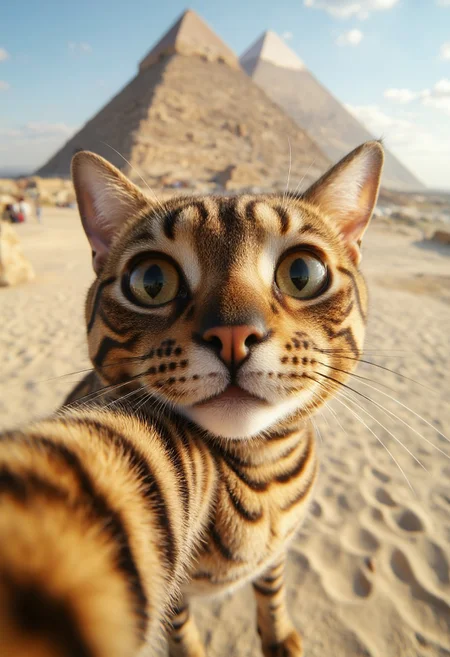 Silly looking Cat taking a selfie at the pyramids