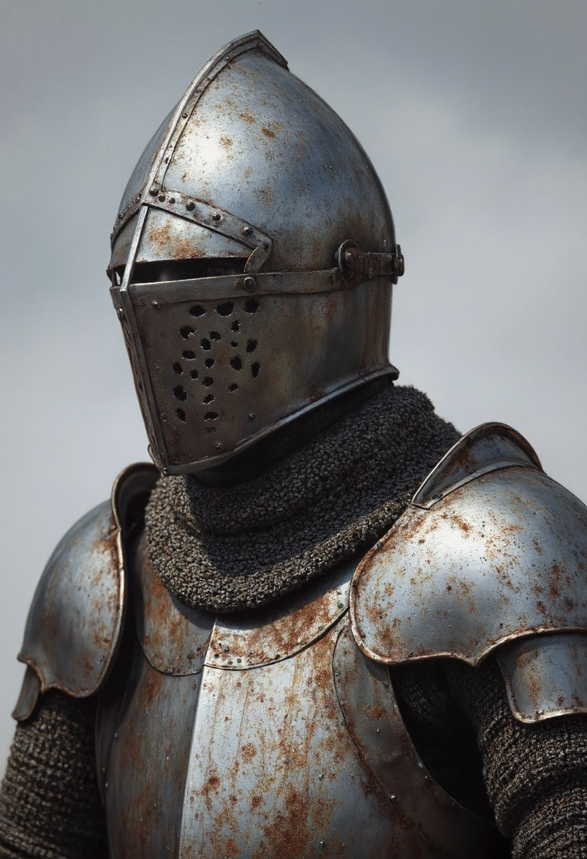 photorealistic portrait painting of a knight in dented armour, with a pointed helmet covering his head, grey sky in the background, detailed armour with small specks of rust <lora:hyperrealism-000103:1>