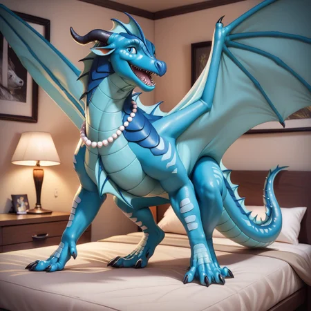 score_9, score_8_up, score_7_up, score_6_up, score_5_up, score_4_up, masterpiece, high quality, realistic, detailed, best quality, white bed, solo, rating_safe, source_furry, bedroom, smiling, open mouth smile, happy, detailed eyes, detailed face, (looking at viewer), standing, Tsunami_wof, Seawing_wof, dragon, scales, horns, claws, wings, tail, aquatic scales, blue eyes, 1girl, female, chin tendrils, head frill, chest frill, webbed claws, webbed feet, necklace, pearl necklace