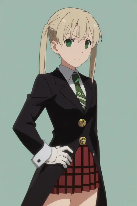 score_9, score_8_up, score_7_up, source_anime, rating_safe, intricate details, anime screencap, official style, 1girl, solo, <lora:Maka_Albarn:1>, maka, empty eyes, green eyes, twintails, default costume, green necktie, black trench coat, white gloves, white cuffs, red skirt, plaid skirt, thighs, looking at viewer, simple background, frown, cowboy shot, mature, smile, hand on hip, five fingers