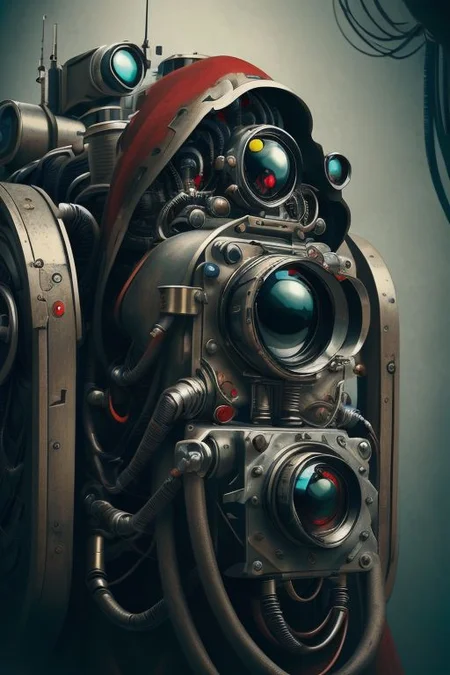 ((masterpiece,best quality)), absurdres, mechanical arms, robes, hood, (techpriest), cyborg, mechanical face, (SpyWorld50s) Adeptus Mechanicus, mechanical limbs, one mechanical eye, mechanical tentacles,((mechanical backpack)), red cloak, 1other, solo, <lora:adeptus:0.5>