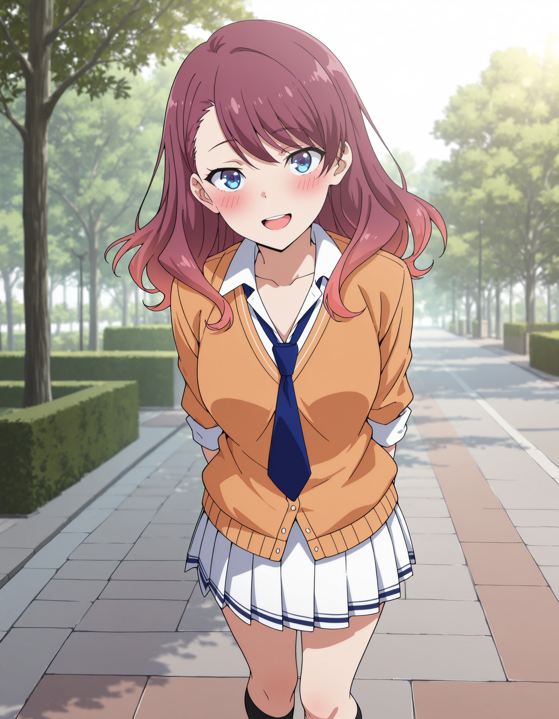 masterpiece,best quality,(blush:1.3),arms behind back,open mouth,smile,ground,tree,sidewalk,sunlight,(backlighting:1.1),looking at viewer,, <lora:stmy3:1>
stmy,solo,long hair,bangs,blue eyes,shiny hair,red hair,gradient hair,anime coloring
shirt,orange cardigan,rolled-up sleeves,white skirt,blue necktie,(advanced_nurturing_high_school_uniform:1.2),black socks