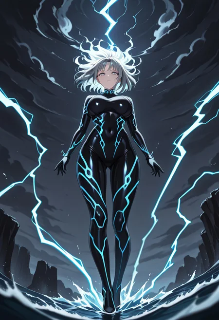 masterpiece, best quality, good quality, very aesthetic, absurdres, newest, 8K, depth of field, in the style of cknc, artist:moriimee, in the style of cksc,
1girl, long grey hair, wild, stormy eyes, large breasts, round, thunderbolt crown, glossy skin, summoning lightning, looking at viewer, from below
BREAK
stormy cliff, dark clouds, waves crashing
BREAK
dynamic light, blue tones, high contrast, electric glow, rich details, dramatic atmosphere