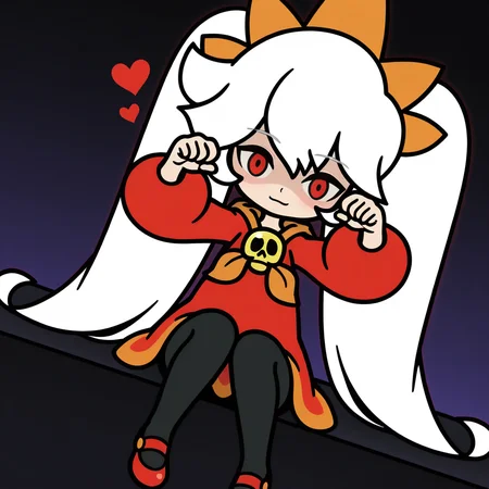 AshleyWWG, 1girl, solo, chibi, eyes glow red, white hair, two large pigtails, bang, orange tiara, red eyes, red long-sleeve dress, orange neckerchief, golden skull brooch, black tights, red shoes, looking at viewer, heart , Sitting, (light smile, dutch angle, naughty pose, looking at viewer, solo, dynamic pose, full_body, head tilt,)
