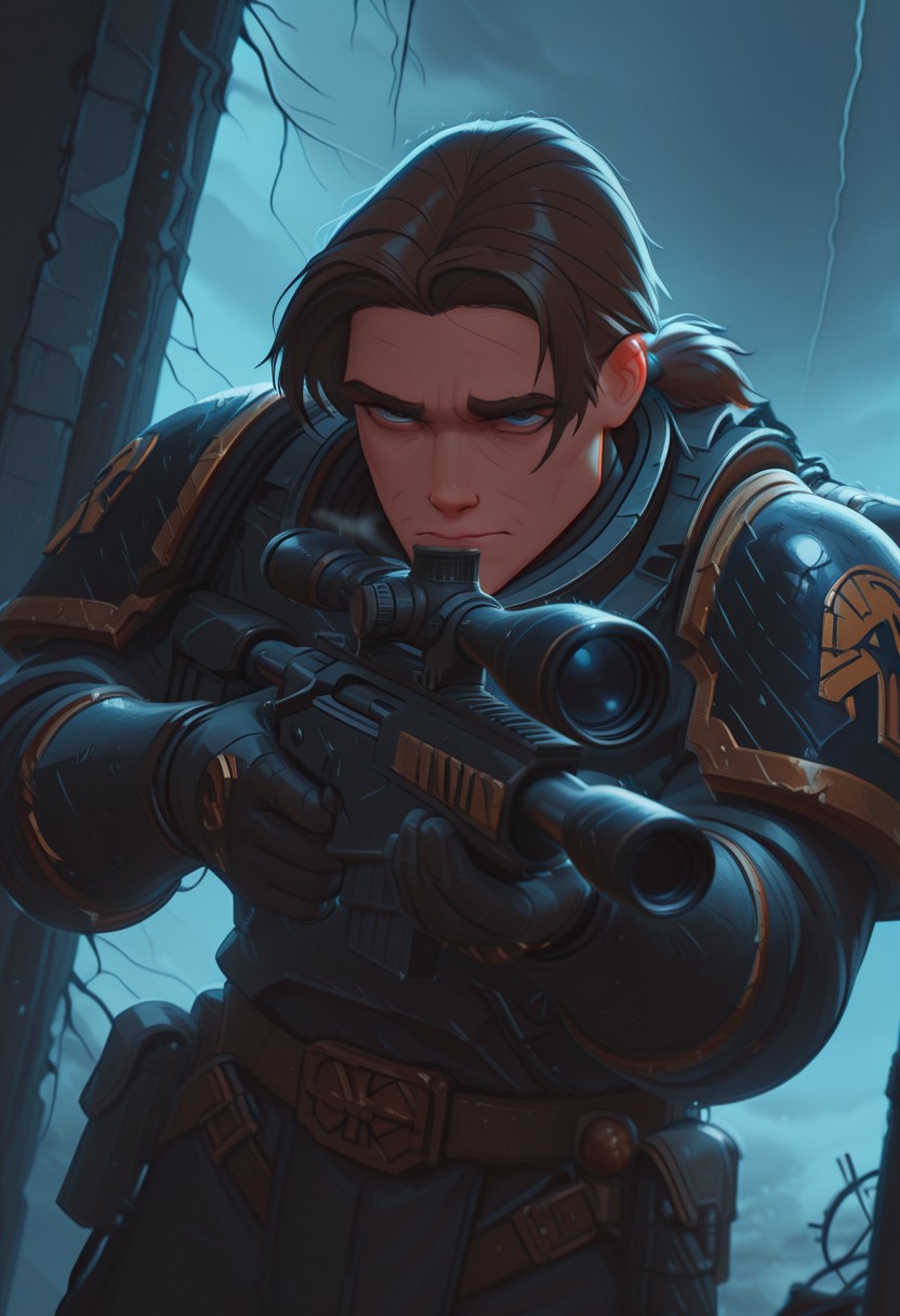 masterpiece, best quality, high quality, newest, highres, 8K, HDR, absurdres, dynamic angle, realistic, 1boy, IronW40k, power armor, solo, 1boy, Jim Hawkins, JimH4kins, brown hair, undercut, ponytail, blue eyes, pretty face,  holding a sniper, broken window, silhouette, creepy, backlit, haunted, storm,  fog, mist, cold, blue fog, dutch angle,  dark outside, solo, close up, mid shot, dutch angle, <lora:ILLIronW40k:1>