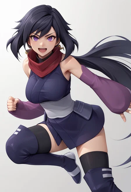 score_9, score_8_up, score_7_up, source_anime, good anatomy, detailed face, beautiful face, 11girl, solo, AyameGBD, black hair, long hair, split ponytail, ponytail, very long hair, purple eyes, bare shoulders, zettai ryouiki, ninja, dark blue kimono, white obi, black thighhighs, thighhighs under boots, dark blue kneeboots, white sandals, detached sleeves, elbow gloves, fingerless gloves, long purple gloves, no mask, unworn mask, red scarf, leaping, one knee up, one leg up, mouth open, smiling, fluttering kimono, kimono aside, fighting stance