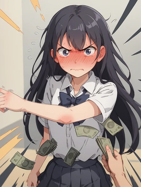 score_9, score_8_up, score_7_up,  
1girl,solo,looking at viewer,
<lora:gostlapped.pony.v3:0.4>(gostlapped, beenhurt:1) , open hand,
motion lines, emphasis lines, 
twisted torso,  embarrassed, blush,
(angry:0.8), embarrassed, blush,
school uniform, white shirt, skirt,
 <lora:POV_holding_money:0.4> money, holding money