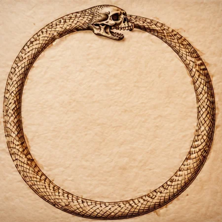 Ouroboros and a human skull, snake eating its own tail, snake with its tail in its mouth, snake, solo snake, drawn on ancient parchment paper, background is parchment paper. ancientegypt, detailed background.
