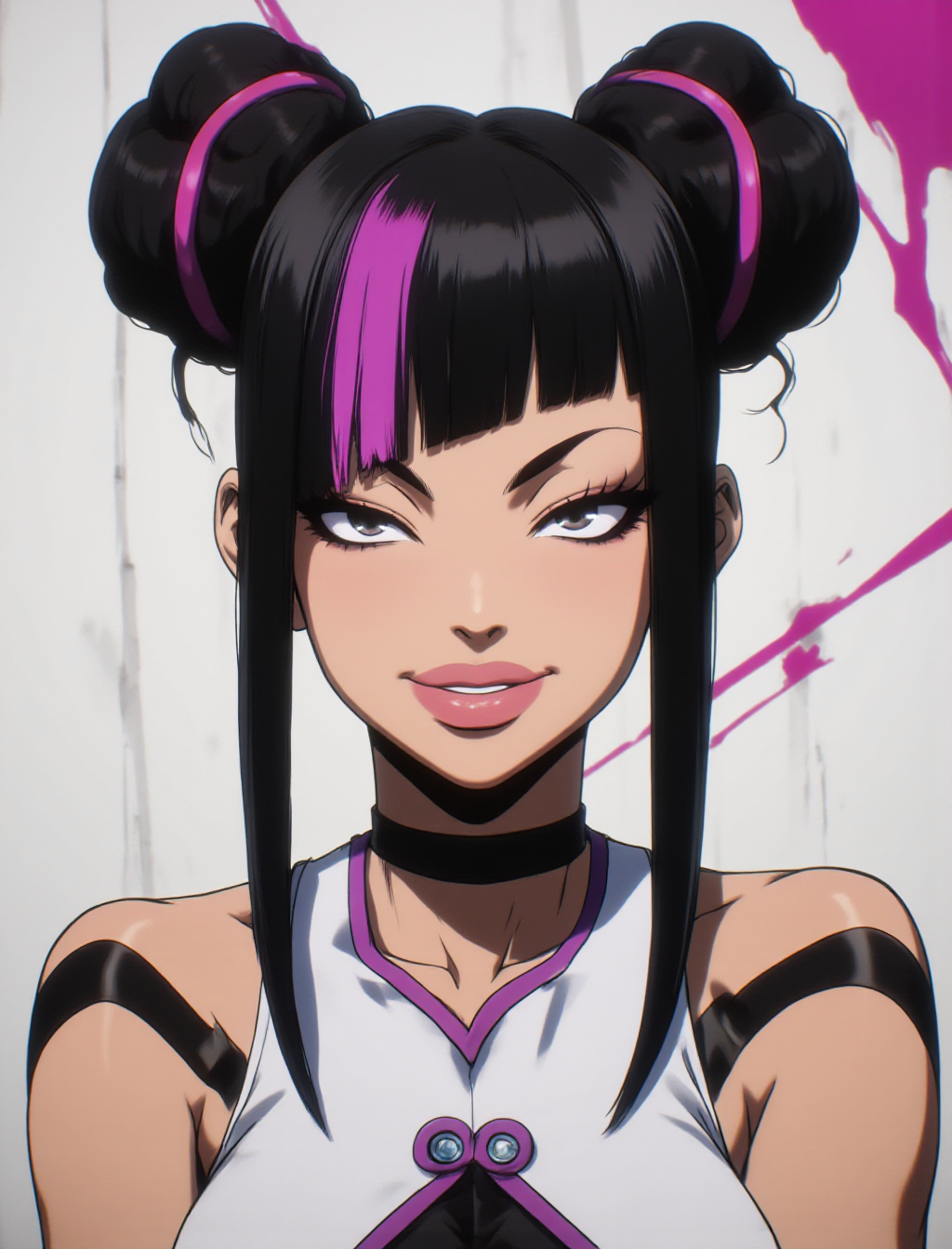 FADOOSTYLEV2, 1girl, solo, juriv1ff, juri han, black hair, hair horns, multicolored hair, grin, blush, lipstick,
