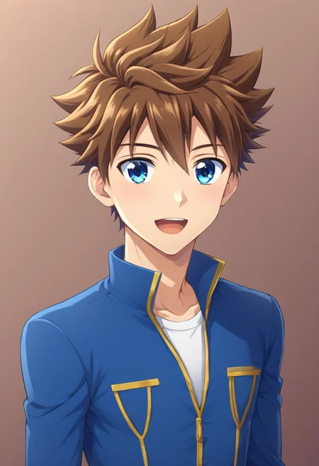 kenji sato v1, brown hair, spiky hair, blue eyes, solo focus, 1boy, solo