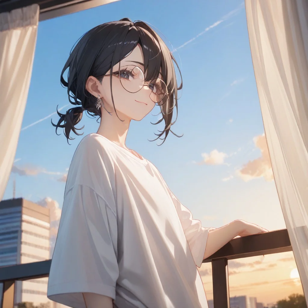 expressive eyes, perfect face, (1boy), black hair, dark eyes, (curtain cut with low ponytail), (mole under left eye), modern clothes, pretty boy, earrings, (round glasses with black tint and silver frame), smooth hair, soft smirk, oversized shirt, Expressiveh, soft smirk,  bishounen, tsurime, oversized shirt,
BREAK,
(masterpiece), best quality, absurdres, very aesthetic, score_9, score_8_up, score_7_up
BREAK,
Scenery, from below, balcony with sunset view, clouds,, <lora:52491d77-b404-4ccf-aa99-0b52a94f40d9:0.7>, <lora:cefaa866-a58e-40ba-a219-79ab392f7d60:0.7>, <lora:1b1c37cc-dc95-4d47-a7f9-53ae810a6c11:0.7>, <lora:743ab114-2dc7-4a68-a995-0d3c9dc174a0:0.7>, <lora:2b6944dd-e95e-47f1-a328-212f3e2cfd24:0.7>