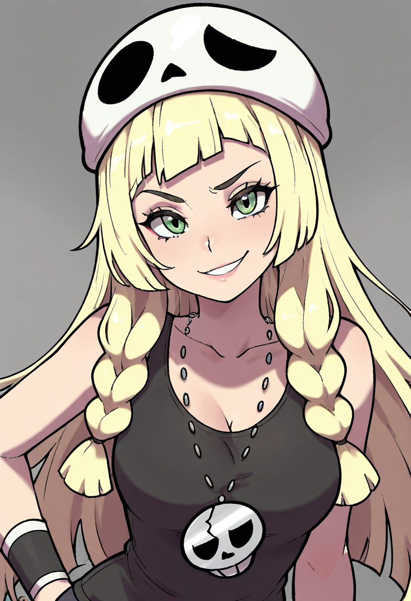 masterpiece, best quality, 1girl, solo, (portrait),    zzSkullLillie, blonde hair, long hair, green eyes, white hat, sleeveless tank top, jewelry, skull necklace, confident smile, raised eyebrow, playful smirk, mischievous eyes, upper body shot, bright background â zzSkullLillie leans forward with a teasing smirk, her green eyes glinting with playful mischief. A confident smile curves her lips as she tilts her head, the skull necklace resting against her collarbone. The bright sunlight behind her casts a golden glow around her tousled blonde hair.  ,dynamic pose, foreshortening,  ,<lora:SkullLillie_IXL:0.8>,