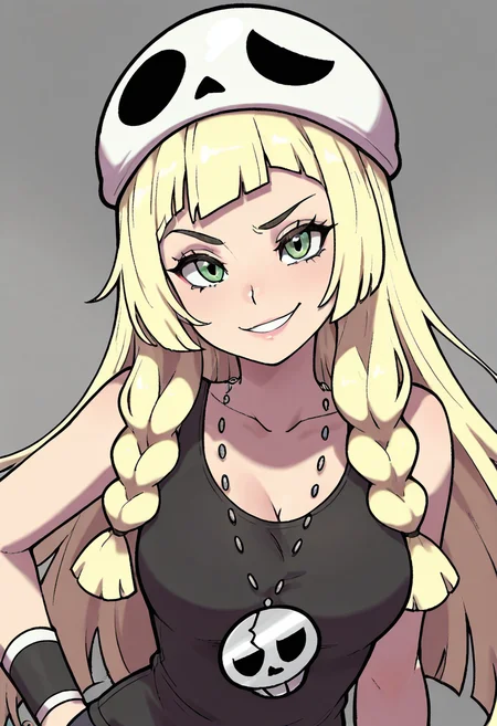 masterpiece, best quality, 1girl, solo, (portrait), zzSkullLillie, blonde hair, long hair, green eyes, white hat, sleeveless tank top, jewelry, skull necklace, confident smile, raised eyebrow, playful smirk, mischievous eyes, upper body shot, bright background â zzSkullLillie leans forward with a teasing smirk, her green eyes glinting with playful mischief. A confident smile curves her lips as she tilts her head, the skull necklace resting against her collarbone. The bright sunlight behind her casts a golden glow around her tousled blonde hair. ,dynamic pose, foreshortening, ,<lora:SkullLillie_IXL:0.8>,
