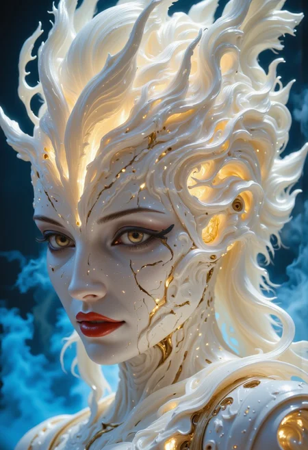 Close-up portrait of a statue of a woman. Her head and body are made of ivory and smooth with numerous, glowing, fine, hairline cracks covering the head and down her neck creating an organic mosaic pattern. She is biomechanical. Her eyes are an intense hazel color with black eyeshadow, and her lips are a rich, deep red color. A spot light focuses on her eyes, creating strong highlights and shadows. The light background is softly blurred showing a sea of white rose petals, but is blurred and out of focus so all visual attention is on the woman's eyes, nose and mouth. Her hair is stark white and falls around the lower half of the image. She is blending in with the background. She is looking at the viewer intensely. Blue and white smoke surround her body. She is like a bust. The overall impression is one of dramatic beauty, with an almost otherworldly quality. (((ultra-realistic style))), realistic soft lighting, eye-catching, atmospheric lighting, smokey environment, natural, shallow depth of field, (highlights: 0.8), high detail (dynamic, sincere, cinematic shot, film grain, bokeh, depth of field)