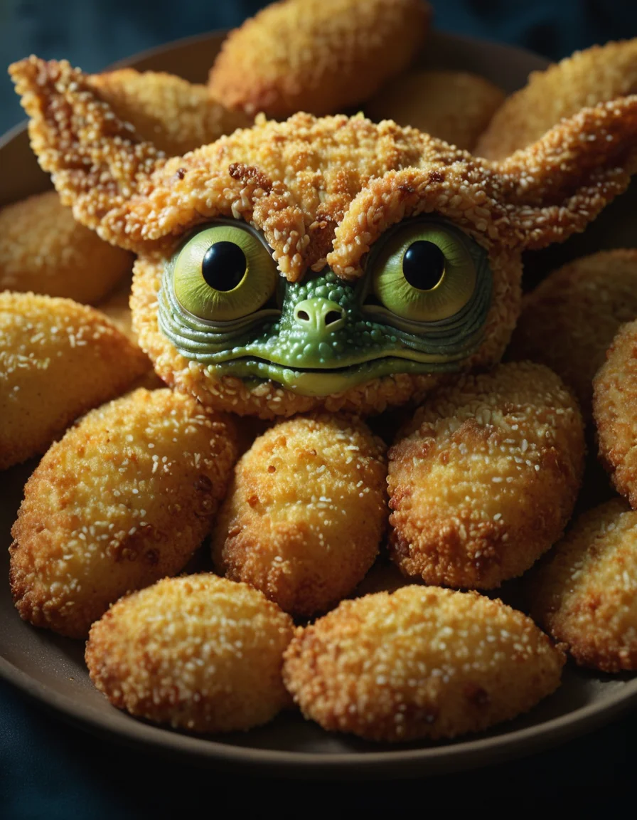 Food photography style cinematic still An alien face made of breaded food and olive . emotional, harmonious, vignette, highly detailed, high budget, bokeh, cinemascope, moody, epic, gorgeous, film grain, grainy", "An alien face made of breaded food and olive, extremely detailed oil painting, unreal 5 render, rhads, Bruce Pennington, Studio Ghibli, tim hildebrandt, digital art, octane render, beautiful composition, trending on artstation, award-winning photograph, masterpiece
<lora:Breaded_Food_XL-000009:1>, , <lora:FILM_PHOTOGRAPHY_STYLE:0.25> . Appetizing, professional, culinary, high-resolution, commercial, highly detailed