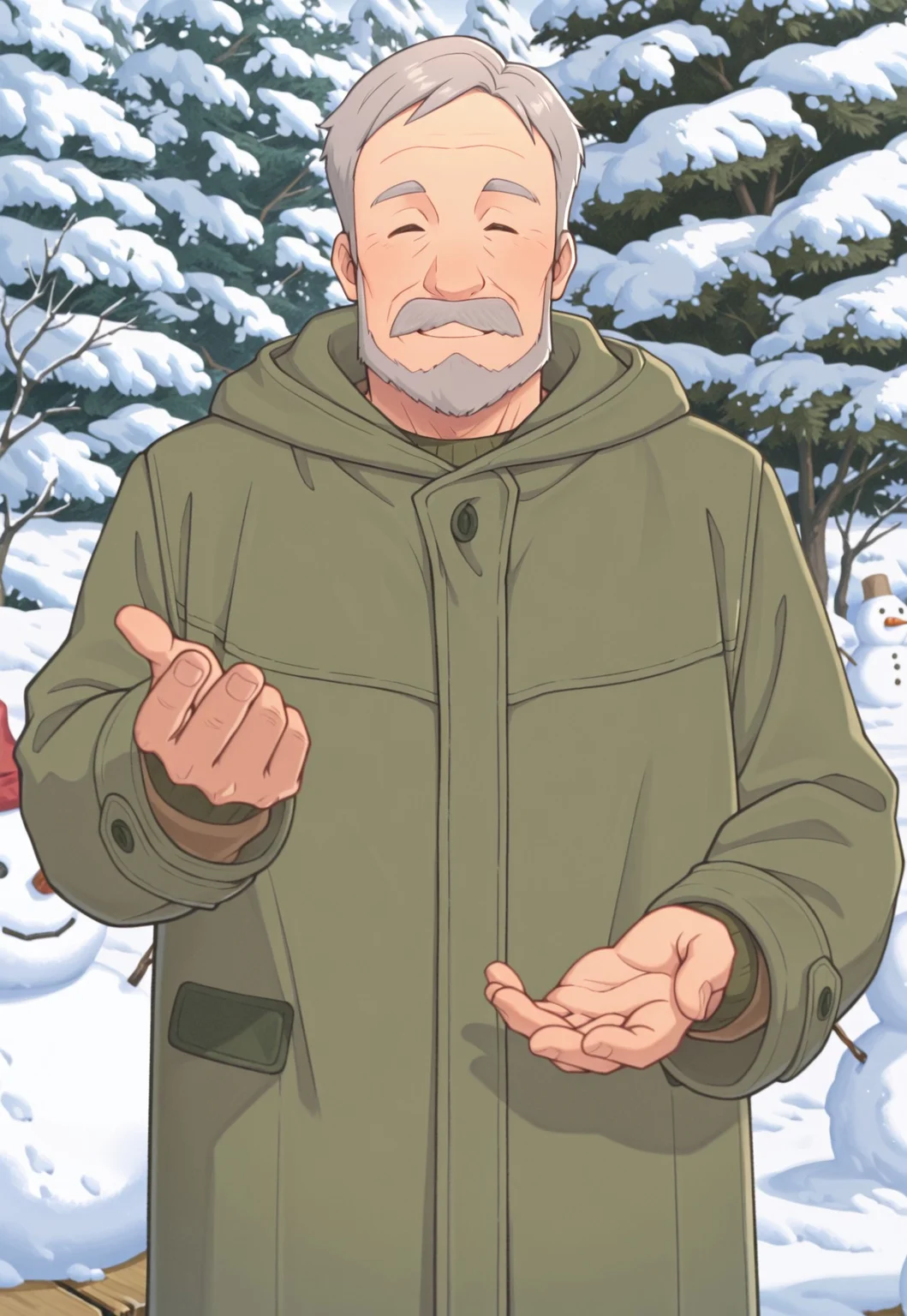 solo, masterpiece, detailed, ultra hd, best quality, 1boy, male, official art, w0lfc0nf, modern, new, masculine face, daddy looking face
PokemonAnnasGP, grey hair, mustache, old man, coat, looking at viewer, smiling, snow, beckoning closer, snowman, closed eyes