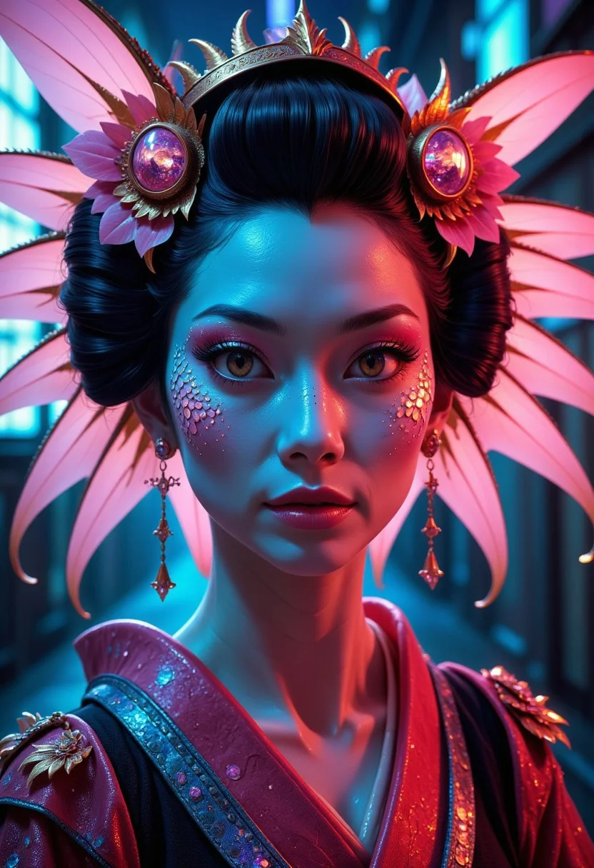 Detailed, masterpiece, professional, bold colors, awe-inspiring, photography inspired by modern fantasy art, medium shot, HDR, futuristic realistic geisha in a cyberpunk theme, neon geisha sparkle face paint, elaborate attire, street lights illuminate her face