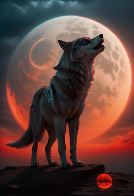 A majestic wolf, its coat adorned with glowing runes, howls at a blood-red moon, its silhouette outlined against a star-strewn sky.