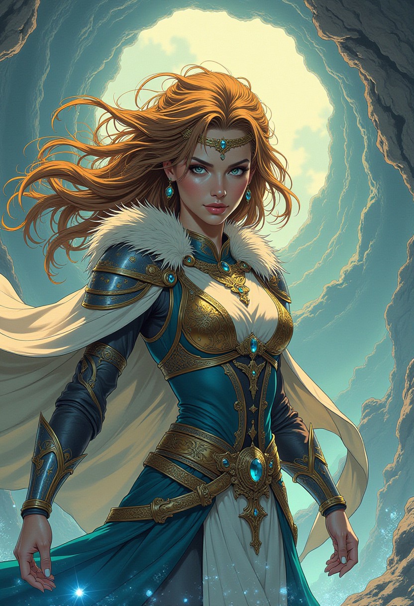 ComicLady Style, illustration, drawing,
close-up, The image captures a Valkyrie in a dynamic pose, embodying both strength and grace, reminiscent of classic fairy tale illustrations. The composition centers on the woman, framed against a swirling, ethereal backdrop that blends liquid-like textures and vibrant colors, creating a dreamlike atmosphere. Soft, diffused lighting highlights her features, accentuating the intricate details of her ornate armor and flowing hair, which appears to dance around her as if caught in a gentle breeze. The fantasy style infuses the scene with a sense of wonder, while the action photography approach adds a sense of immediacy and movement, as if she is about to take flight. The overall effect is a harmonious blend of realism and whimsy, drawing the viewer into a captivating narrative.